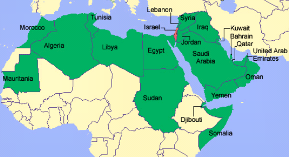 Hardly an existential threat to the Arab world: Israel (in red) barely registers on a map of the Arab world (in green)